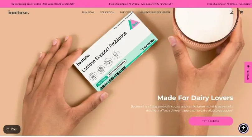 Bactose website homepage (Shopify store)
