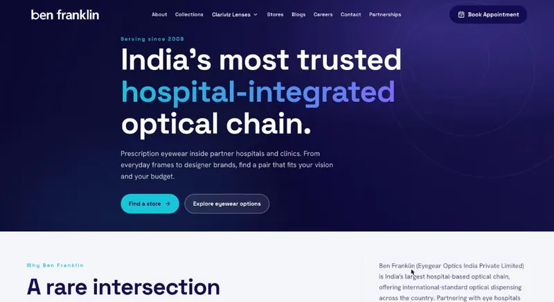 Ben Franklin Eyegear website homepage (SEO)