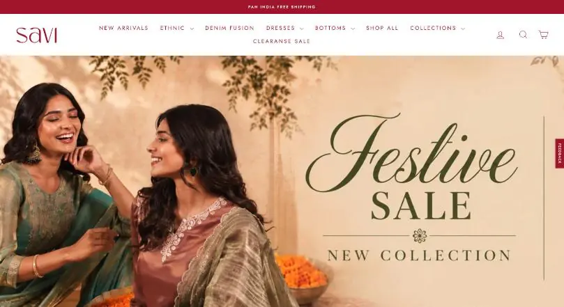 Savi India website homepage (Shopify store)