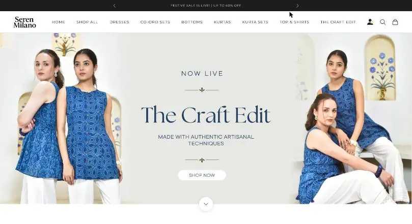 Seren Milano website homepage (Shopify theme)