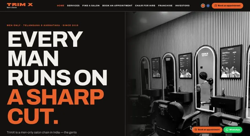 TrimX Men's Salon website homepage (Web build)